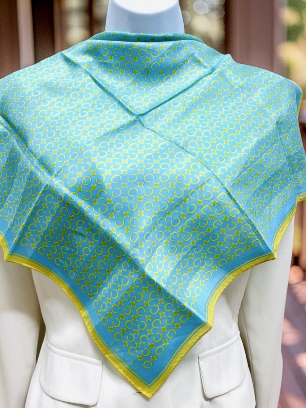 New Celine Paris Mini Scarf 19.5" Cotton/Silk Teal Blue Green Gold Logo "C" (88 - Picture 7 of 9